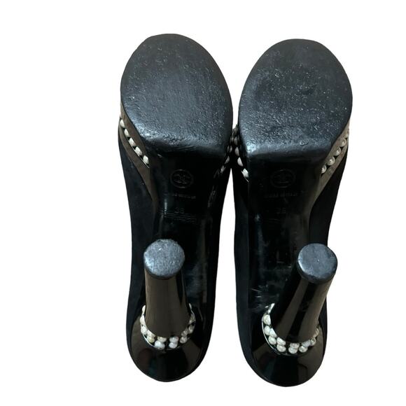 Chanel Black Satin and Patent Leather Cap Toe Pearl Platform Pumps Size 38 - Picture 7 of 14